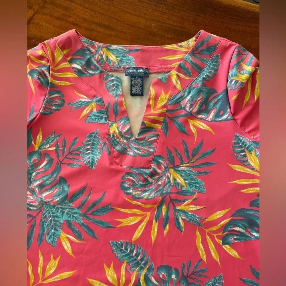 Caribbean Joe Tropical Floral Notch Neck Shift Dress Pink Blue Size Medium